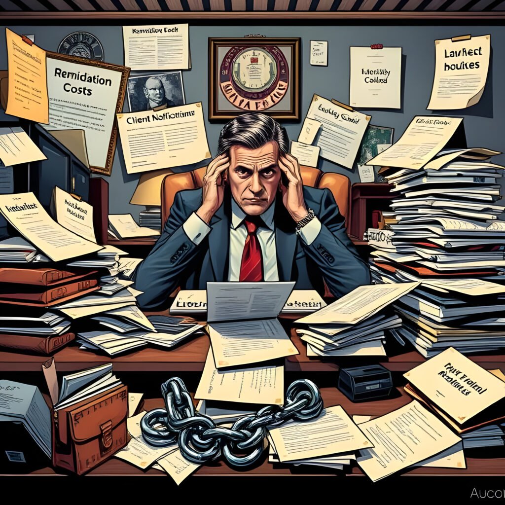 Illustration d'un chef d'entreprise stressé entouré de documents sur les coûts de remédiation et les notifications aux clients, symbolisant les conséquences d'une fuite de données.