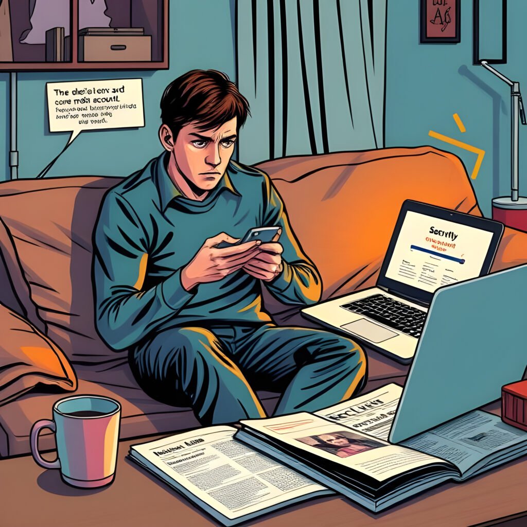 Illustration d'une personne inquiète assise sur un canapé, tenant un smartphone avec des notifications d'alerte de sécurité, symbolisant les conséquences d'une fuite de données.