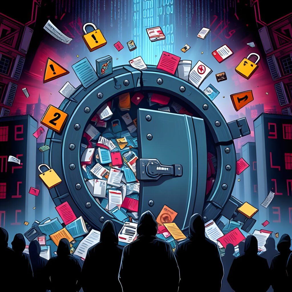 Illustration d'un coffre-fort fissuré débordant de fichiers numériques, avec des hackers prêts à exploiter les données fuitées.