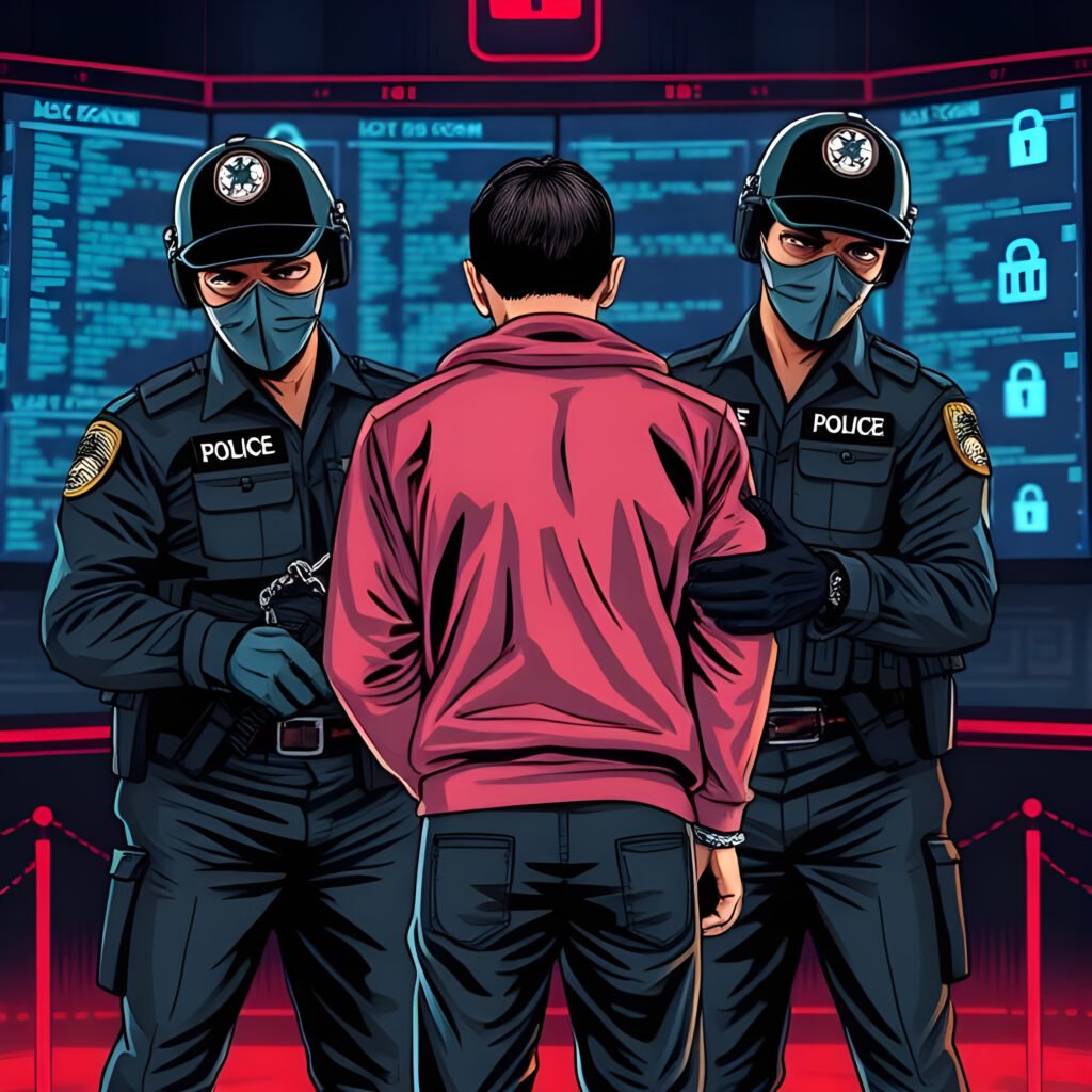 Illustration représentant l'arrestation d'un hacker par deux policiers en tenue tactique.