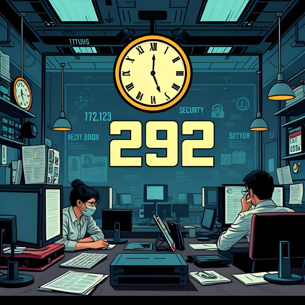 Illustration représentant la durée moyenne de détection et de maîtrise des violations de données liées à des identifiants volés, montrant un environnement de bureau avec une horloge et des employés préoccupés.