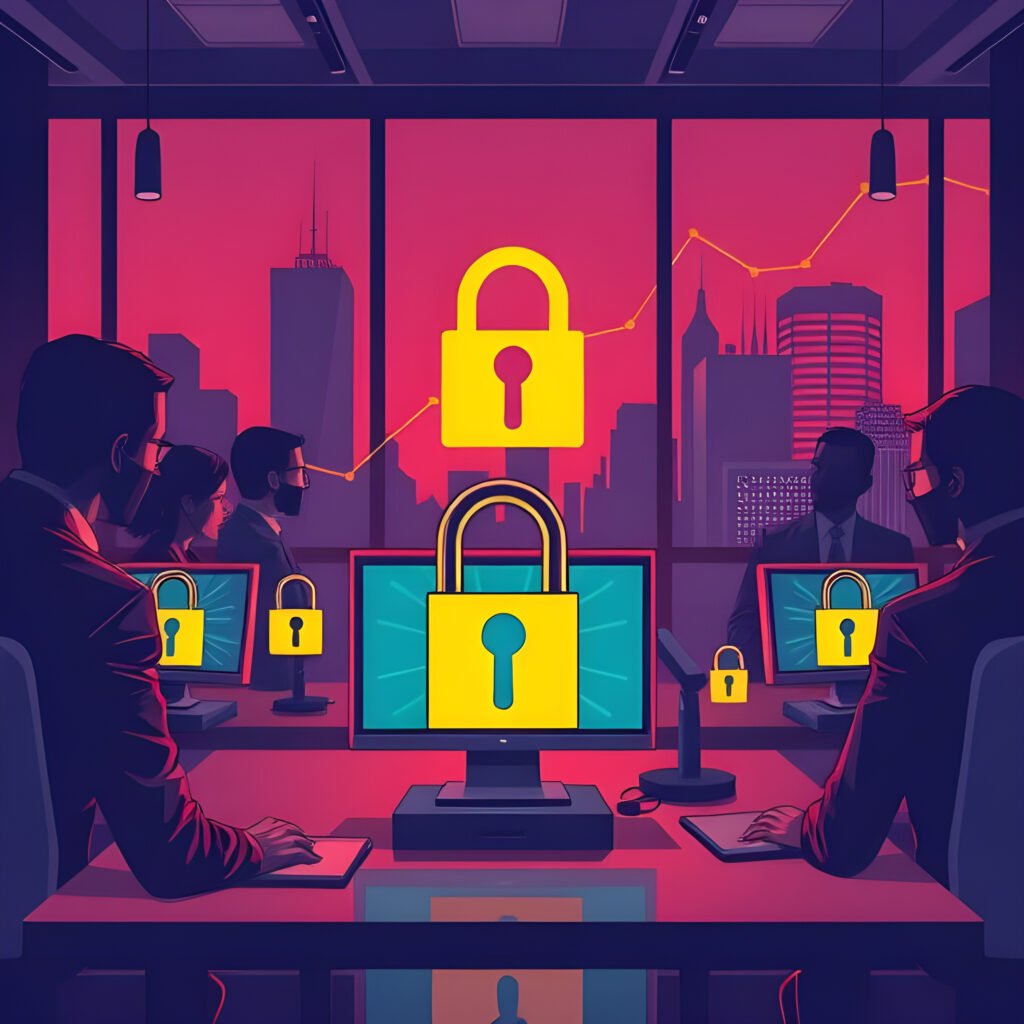 Illustration symbolique du coût de la cybercriminalité pour les entreprises, montrant un bureau moderne avec des éléments de cybersécurité.