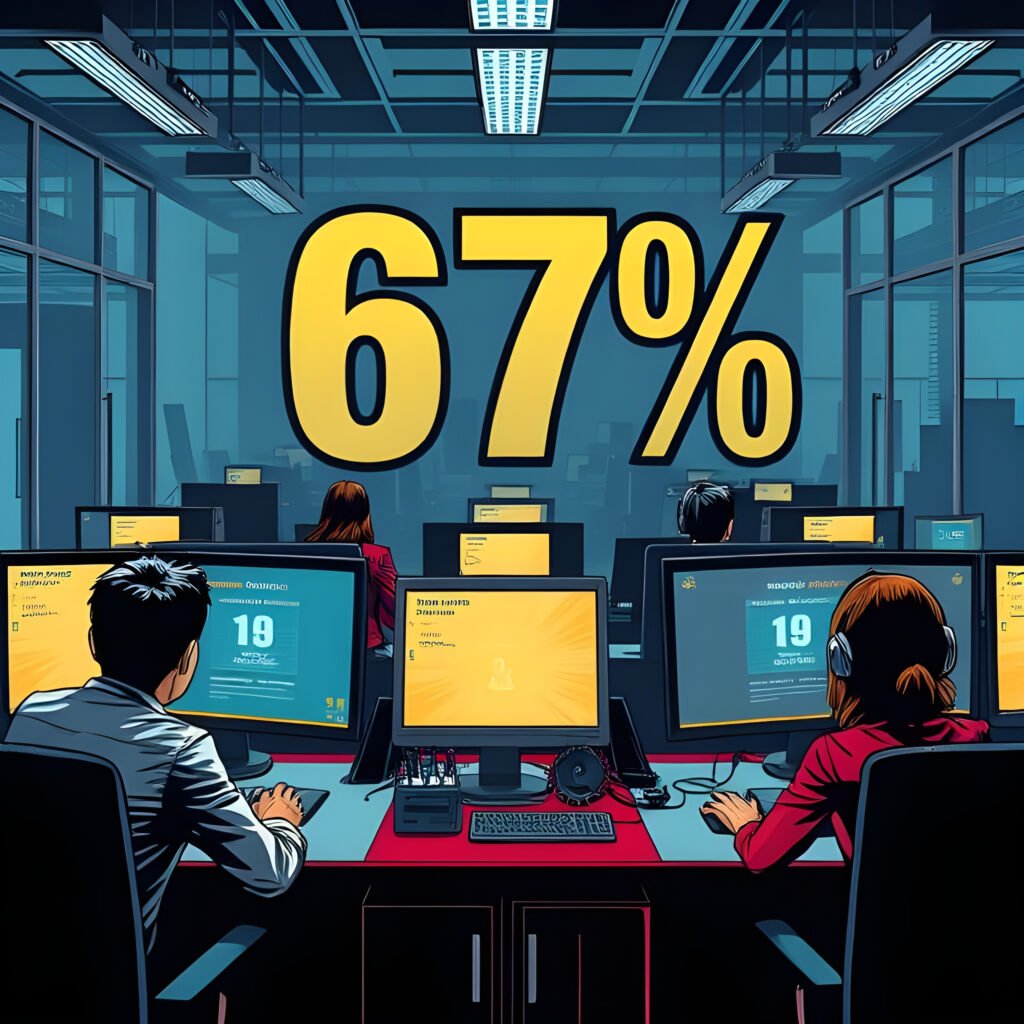 Illustration représentant la prévalence des cyberattaques parmi les entreprises, montrant un bureau moderne avec des employés alarmés et des messages d'avertissement sur les écrans.