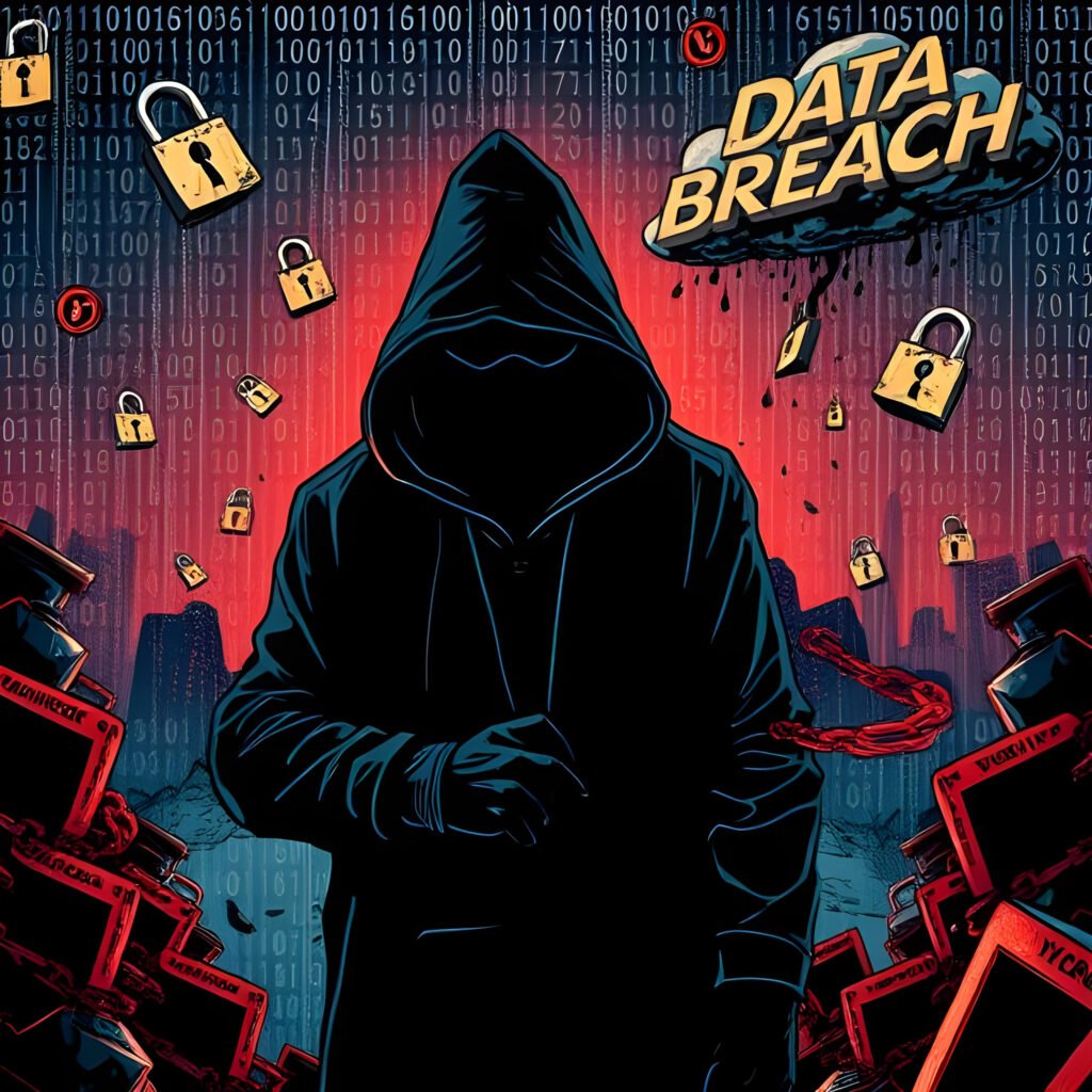 Illustration d'un hacker dans un paysage numérique sombre, entouré d'icônes de cybersécurité, symbolisant une violation de données.
