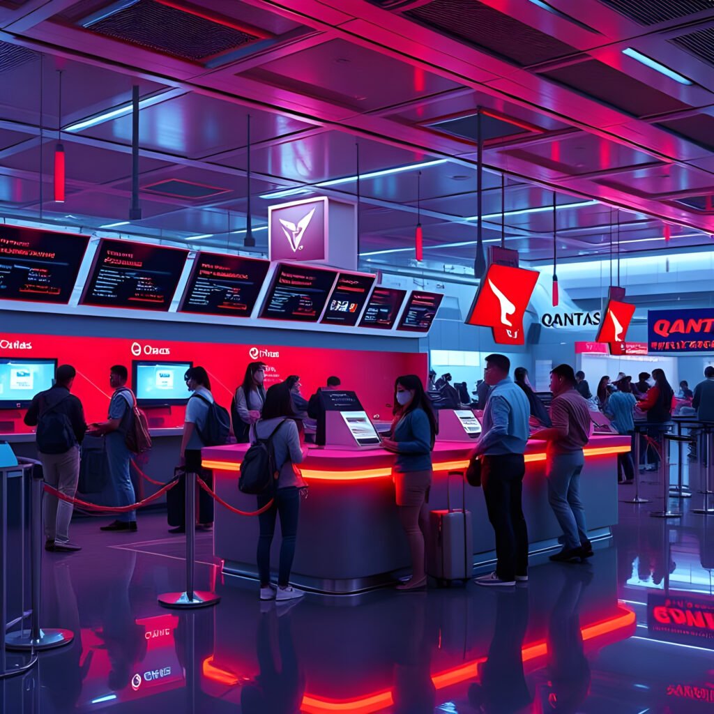 Un comptoir d'enregistrement Qantas Airlines animé dans un aéroport, avec des passagers et du personnel interagissant, accompagnés d'alertes de sécurité numérique indiquant une violation de cybersécurité.