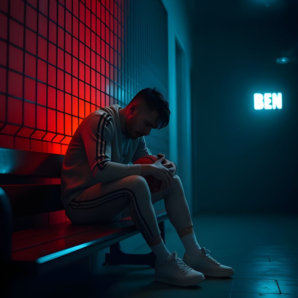 Basketteur Russe qui est assis, abattu et désespéré, dans une cellule de prison sombre et minimaliste.