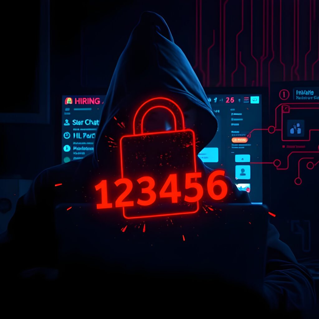 Un hacker vu de dos dans une pièce sombre, faisant face à un écran d'ordinateur lumineux. L'écran montre une conversation avec un chatbot et des icônes de données personnelles qui s'en échappent. Un cadenas numérique rouge et brisé est superposé, avec le texte "123456" visible.