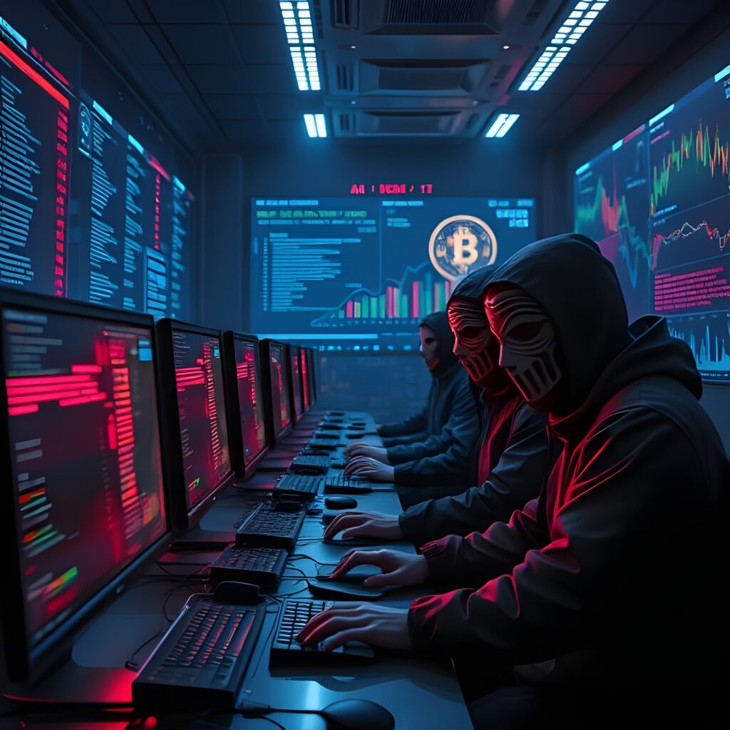 Hacker masqué travaillant sur un ordinateur dans une pièce sombre, entouré d'écrans affichant des lignes de code et des graphiques de données.