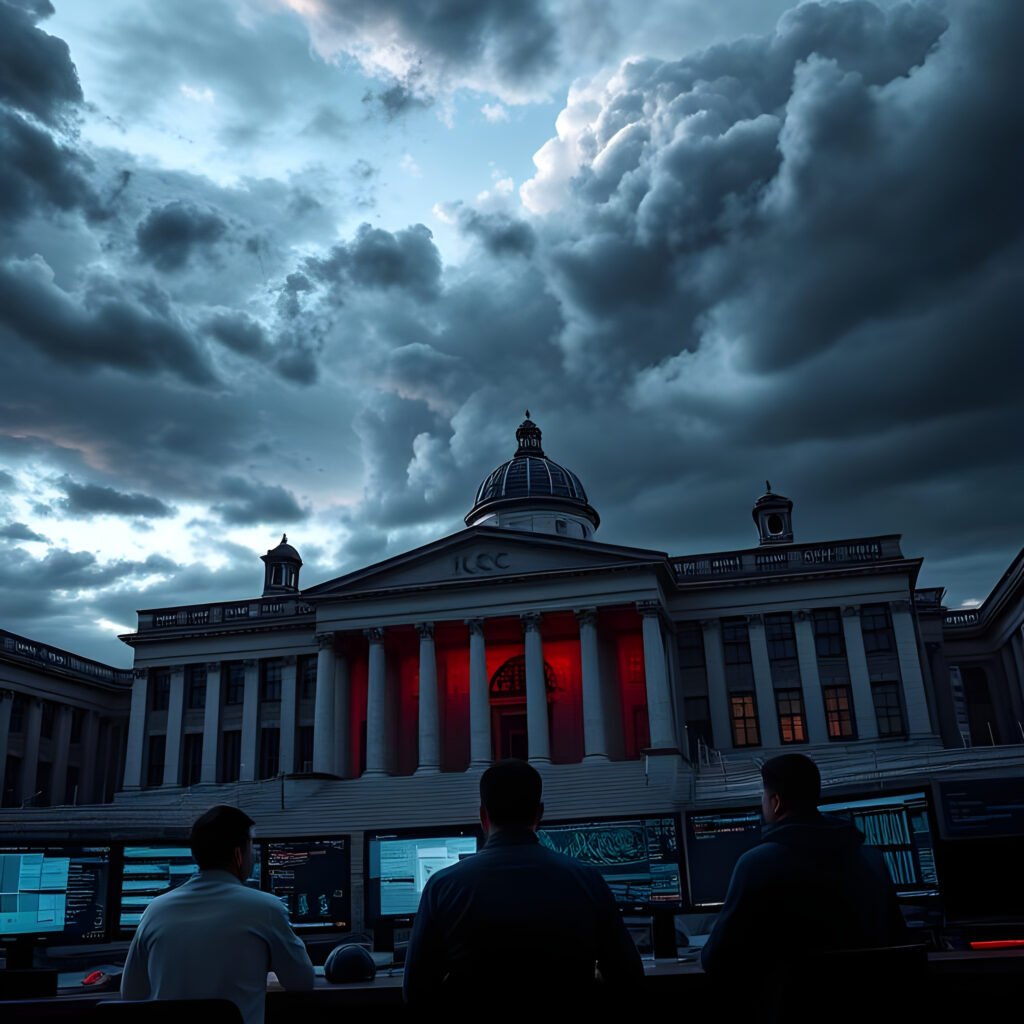 Un groupe d'experts en cybersécurité analysant des données devant la Cour pénale internationale, avec des nuages sombres symbolisant une cyberattaque au-dessus.