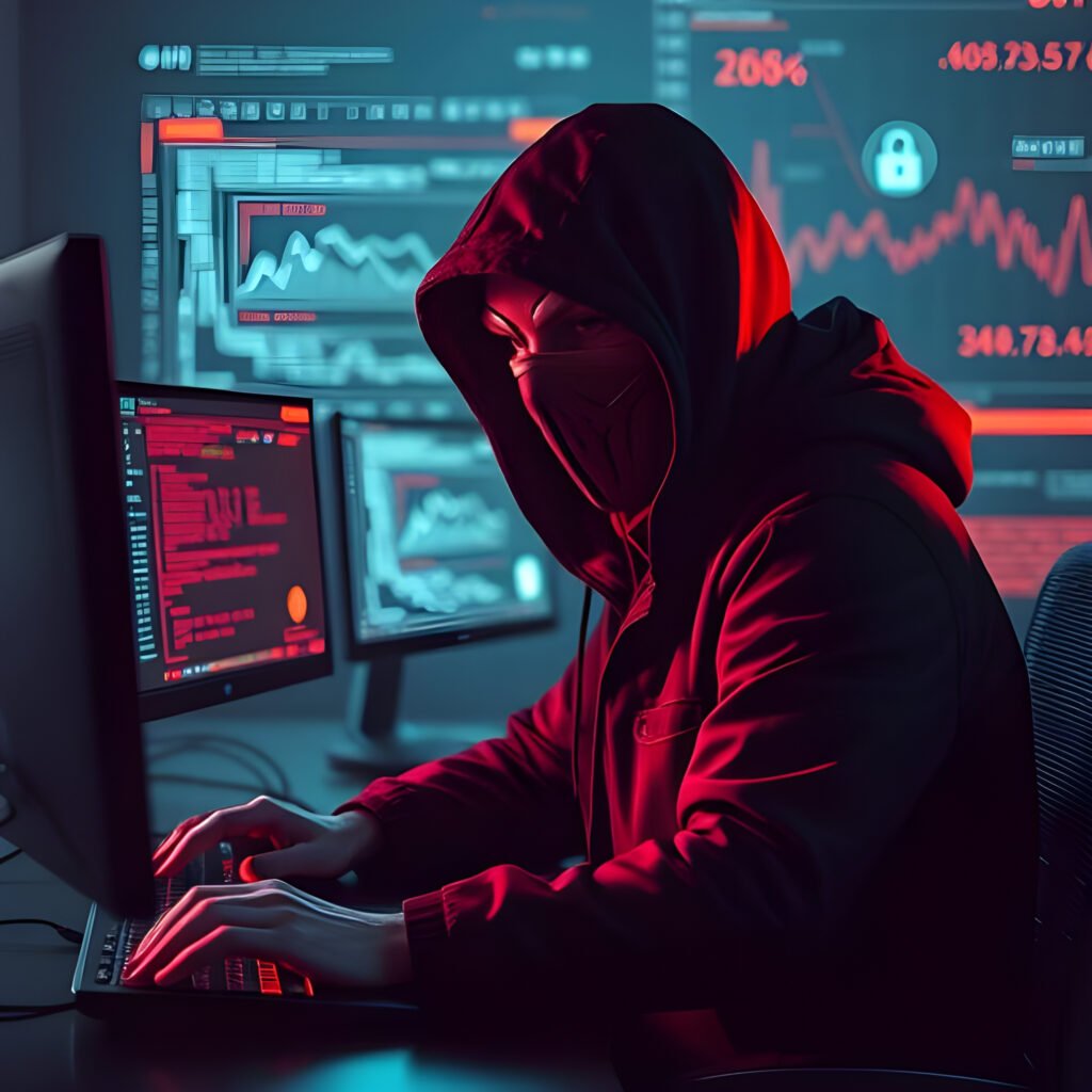 Un hacker masqué devant plusieurs écrans d'ordinateur, entouré de lignes de code et de graphiques de données, symbolisant le cybercrime.