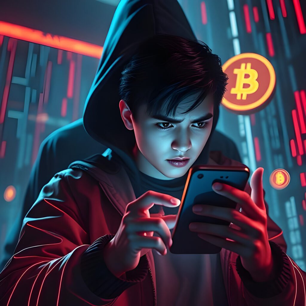 Un détenteur de cryptomonnaie en détresse regardant son téléphone, avec une silhouette ombragée en arrière-plan symbolisant la menace d'enlèvement.