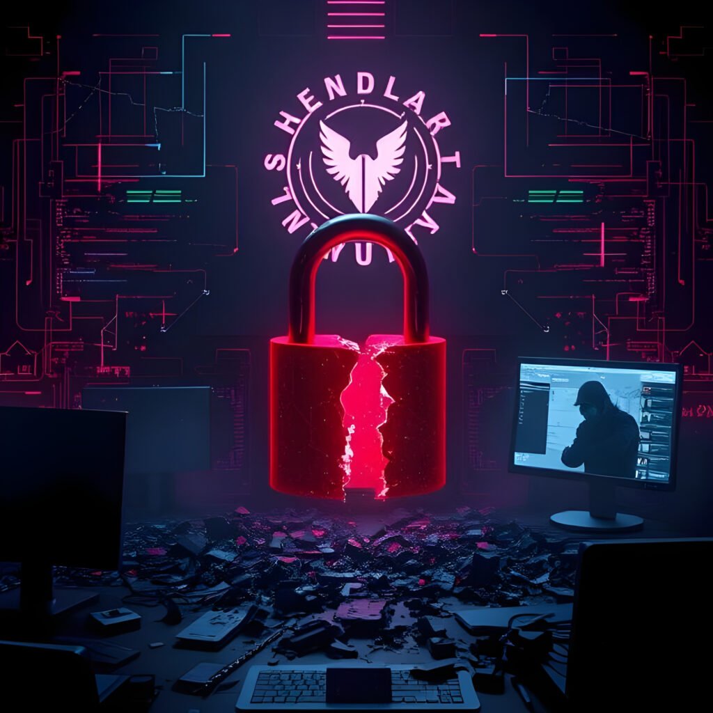 Image symbolisant la dissolution du groupe de ransomware Hunters International, avec des éléments visuels représentant la cybersécurité et la justice.