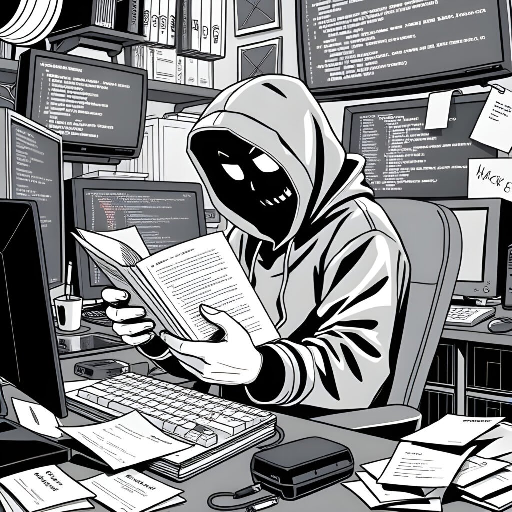Un hacker en hoodie cherchant dans un dictionnaire, entouré d'écrans d'ordinateur et de notes, dans un bureau sombre.