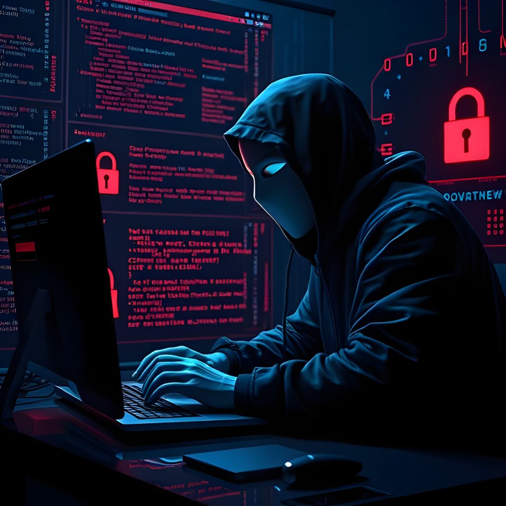 Un hacker masqué travaillant sur un ordinateur dans une pièce sombre, entouré de lignes de code et de symboles de ransomware.