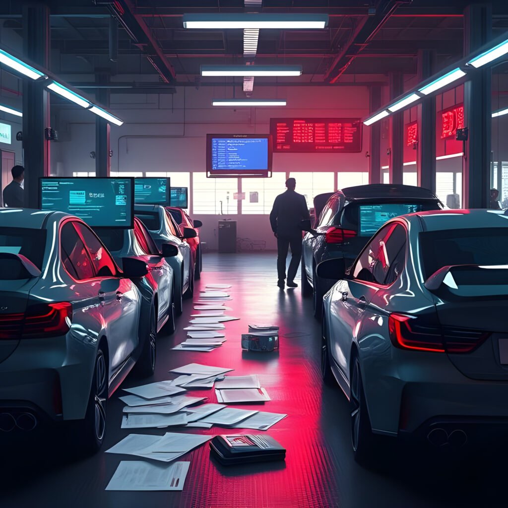 Une scène dramatique d'une fuite de données dans un garage d'entretien automobile, avec des voitures en cours de réparation et des écrans d'ordinateur affichant des informations sensibles.